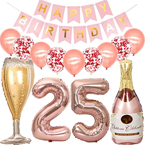 Feelairy Luftballon 25. Geburtstag Deko Frau, Rosegold Folienballon Weinflasche Sektflasche Helium Ballon Champagner Flasche, Girlande Happy Birthday Deko für Geburtstagsdeko 25 Jahre Frauen von Feelairy