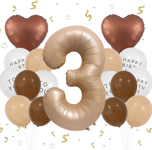 Feelairy Luftballon 3. Geburtstag Mädchen Deko, Ballons 3 Braun Zahl 3 Luftballon 3 Creme, Ballons Beige Aprikose Braun Herz Luftballons Happy Birthday für Geburtstagsdeko 3 jahre Mädchen Party Deko von Feelairy