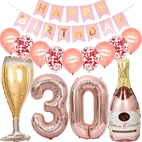 Feelairy Luftballon 30. Geburtstag Deko Frau, Rosegold Folienballon Weinflasche Sektflasche Helium Ballon Champagner Flasche, Girlande Happy Birthday Deko für Geburtstagsdeko 30 Jahre Frauen von Feelairy