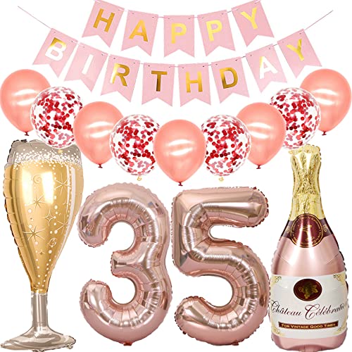 Feelairy Luftballon 35. Geburtstag Deko Frau, Rosegold Folienballon Weinflasche Sektflasche Helium Ballon Champagner Flasche, Girlande Happy Birthday Deko für Geburtstagsdeko 35 Jahre Frauen von Feelairy