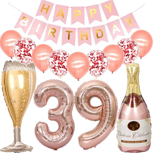 Feelairy Luftballon 39. Geburtstag Deko Frau, Rosegold Folienballon Weinflasche Sektflasche Helium Ballon Champagner Flasche, Girlande Happy Birthday Deko für Geburtstagsdeko 39 Jahre Frauen von Feelairy