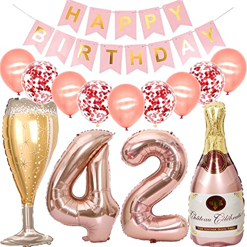 Feelairy Luftballon 42. Geburtstag Deko Frau, Rosegold Folienballon Weinflasche Sektflasche Helium Ballon Champagner Flasche, Girlande Happy Birthday Deko für Geburtstagsdeko 42 Jahre Frauen von Feelairy