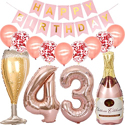 Feelairy Luftballon 43. Geburtstag Deko Frau, Rosegold Folienballon Weinflasche Sektflasche Helium Ballon Champagner Flasche, Girlande Happy Birthday Deko für Geburtstagsdeko 43 Jahre Frauen von Feelairy