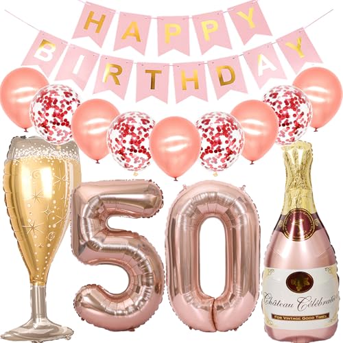 Feelairy Luftballon 50. Geburtstag Deko Frau, Rosegold Folienballon Weinflasche Sektflasche Helium Ballon Champagner Flasche, Girlande Happy Birthday Deko für Geburtstagsdeko 50 Jahre Frauen von Feelairy