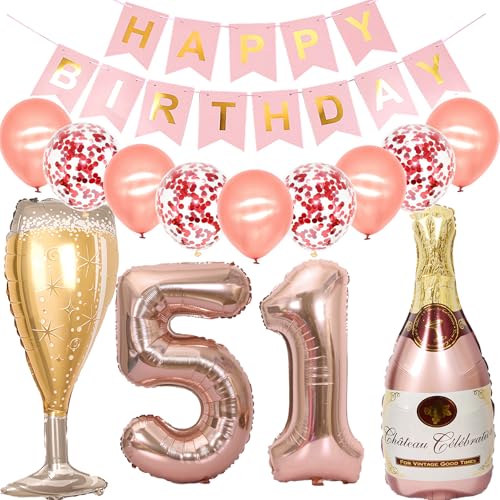 Feelairy Luftballon 51. Geburtstag Deko Frau, Rosegold Folienballon Weinflasche Sektflasche Helium Ballon Champagner Flasche, Girlande Happy Birthday Deko für Geburtstagsdeko 51 Jahre Frauen von Feelairy