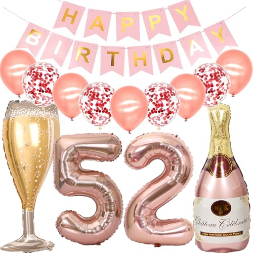 Feelairy Luftballon 52. Geburtstag Deko Frau, Rosegold Folienballon Weinflasche Sektflasche Helium Ballon Champagner Flasche, Girlande Happy Birthday Deko für Geburtstagsdeko 52 Jahre Frauen von Feelairy