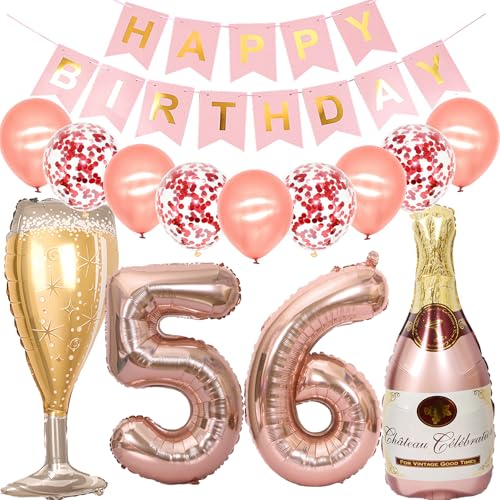 Feelairy Luftballon 56. Geburtstag Deko Frau, Rosegold Folienballon Weinflasche Sektflasche Helium Ballon Champagner Flasche, Girlande Happy Birthday Deko für Geburtstagsdeko 56 Jahre Frauen von Feelairy