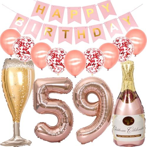 Feelairy Luftballon 59. Geburtstag Deko Frau, Rosegold Folienballon Weinflasche Sektflasche Helium Ballon Champagner Flasche, Girlande Happy Birthday Deko für Geburtstagsdeko 59 Jahre Frauen von Feelairy