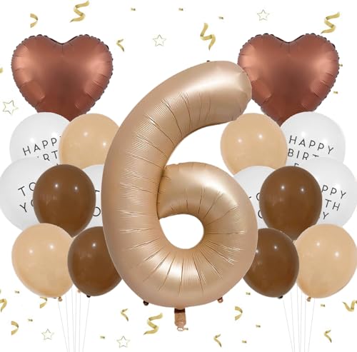 Feelairy Luftballon 6. Geburtstag Mädchen Deko, Ballons 6 Braun Luftballon Zahl 6 Creme, Ballons Beige Aprikose Braun Herz Luftballons Happy Birthday für Geburtstagsdeko 6 jahre Mädchen Party Deko von Feelairy