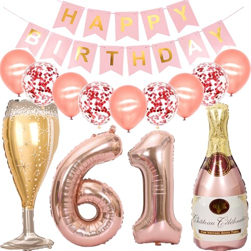 Feelairy Luftballon 61. Geburtstag Deko Frau, Rosegold Folienballon Weinflasche Sektflasche Helium Ballon Champagner Flasche, Girlande Happy Birthday Deko für Geburtstagsdeko 61 Jahre Frauen von Feelairy