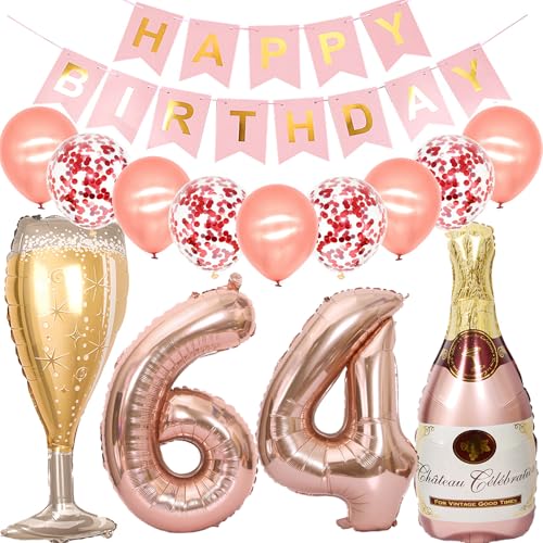 Feelairy Luftballon 64. Geburtstag Deko Frau, Rosegold Folienballon Weinflasche Sektflasche Helium Ballon Champagner Flasche, Girlande Happy Birthday Deko für Geburtstagsdeko 64 Jahre Frauen von Feelairy