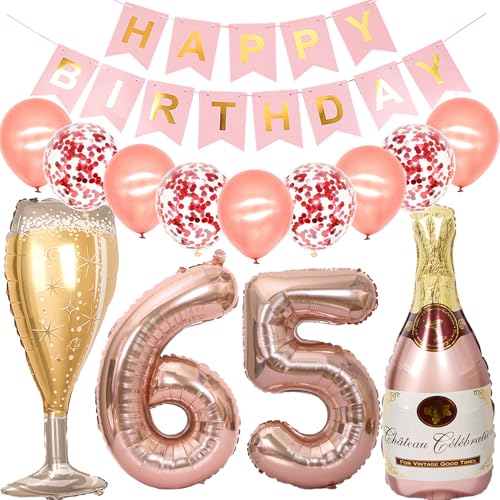 Feelairy Luftballon 65. Geburtstag Deko Frau, Rosegold Folienballon Weinflasche Sektflasche Helium Ballon Champagner Flasche, Girlande Happy Birthday Deko für Geburtstagsdeko 65 Jahre Frauen von Feelairy