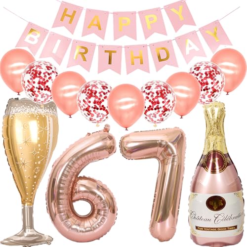 Feelairy Luftballon 67. Geburtstag Deko Frau, Rosegold Folienballon Weinflasche Sektflasche Helium Ballon Champagner Flasche, Girlande Happy Birthday Deko für Geburtstagsdeko 67 Jahre Frauen von Feelairy