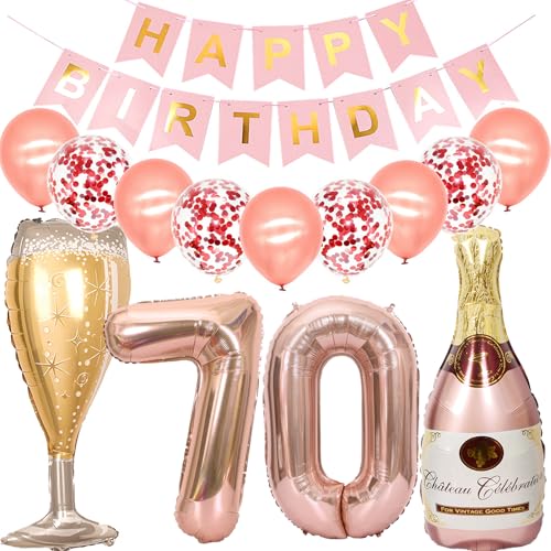 Feelairy Luftballon 70. Geburtstag Deko Frau, Rosegold Folienballon Weinflasche Sektflasche Helium Ballon Champagner Flasche, Girlande Happy Birthday Deko für Geburtstagsdeko 70 Jahre Frauen von Feelairy