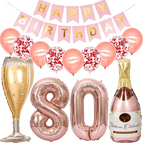 Feelairy Luftballon 80. Geburtstag Deko Frau, Rosegold Folienballon Weinflasche Sektflasche Helium Ballon Champagner Flasche, Girlande Happy Birthday Deko für Geburtstagsdeko 80 Jahre Frauen von Feelairy