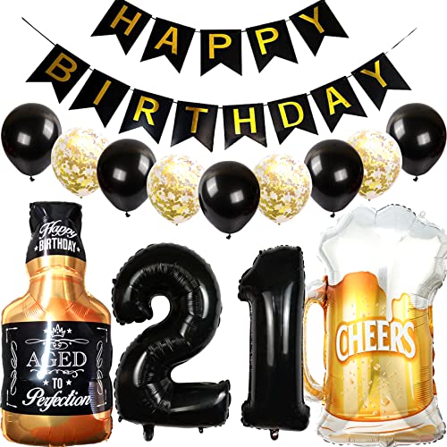 Feelairy Luftballons 21. Geburtstag Deko, Geburtstagsdeko 21 Jahre Mann Frau, Folienballon Whiskey Bierglas Ballon Weinflasche Bier Deko, Happy Birthday Banner für 21 Jahre Geburtstag Party Deko Set von Feelairy