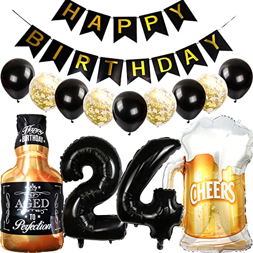 Feelairy Luftballons 24. Geburtstag Deko, Geburtstagsdeko 24 Jahre Mann Frau, Folienballon Whiskey Bierglas Ballon Weinflasche Bier Deko, Happy Birthday Banner für 24 Jahre Geburtstag Party Deko Set von Feelairy