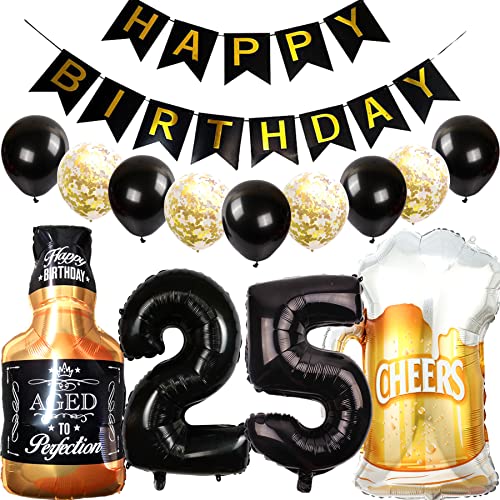 Feelairy Luftballons 25. Geburtstag Deko, Geburtstagsdeko 25 Jahre Mann Frau, Folienballon Whiskey Bierglas Ballon Weinflasche Bier Deko, Happy Birthday Banner für 25 Jahre Geburtstag Party Deko Set von Feelairy