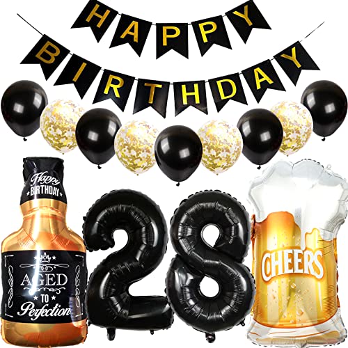 Feelairy Luftballons 28. Geburtstag Deko, Geburtstagsdeko 28 Jahre Mann Frau, Folienballon Whiskey Bierglas Ballon Weinflasche Bier Deko, Happy Birthday Banner für 28 Jahre Geburtstag Party Deko Set von Feelairy