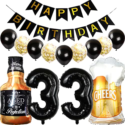 Feelairy Luftballons 33. Geburtstag Deko, Geburtstagsdeko 33 Jahre Mann Frau, Folienballon Whiskey Bierglas Ballon Weinflasche Bier Deko, Happy Birthday Banner für 33 Jahre Geburtstag Party Deko Set von Feelairy