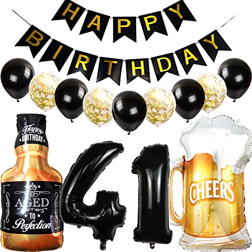 Feelairy Luftballons 41. Geburtstag Deko, Geburtstagsdeko 41 Jahre Mann Frau, Folienballon Whiskey Bierglas Ballon Weinflasche Bier Deko, Happy Birthday Banner für 41 Jahre Geburtstag Party Deko Set von Feelairy