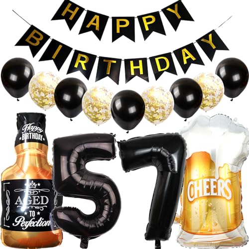 Feelairy Luftballons 57. Geburtstag Deko, Geburtstagsdeko 57 Jahre Mann Frau, Folienballon Whiskey Bierglas Ballon Weinflasche Bier Deko, Happy Birthday Banner für 57 Jahre Geburtstag Party Deko Set von Feelairy