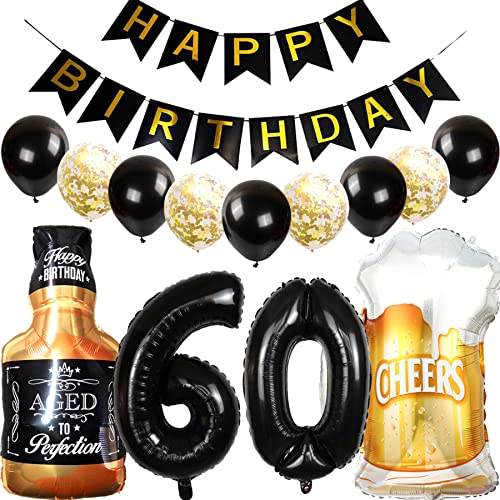 Feelairy Luftballons 60. Geburtstag Deko, Geburtstagsdeko 60 Jahre Mann Frau, Folienballon Whiskey Bierglas Ballon Weinflasche Bier Deko, Happy Birthday Banner für 60 Jahre Geburtstag Party Deko Set von Feelairy