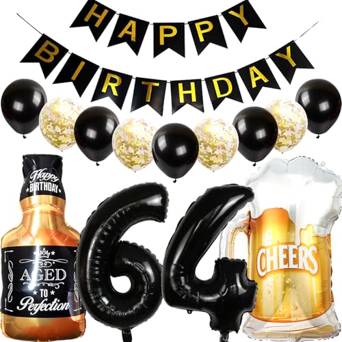 Feelairy Luftballons 64. Geburtstag Deko, Geburtstagsdeko 64 Jahre Mann Frau, Folienballon Whiskey Bierglas Ballon Weinflasche Bier Deko, Happy Birthday Banner für 64 Jahre Geburtstag Party Deko Set von Feelairy