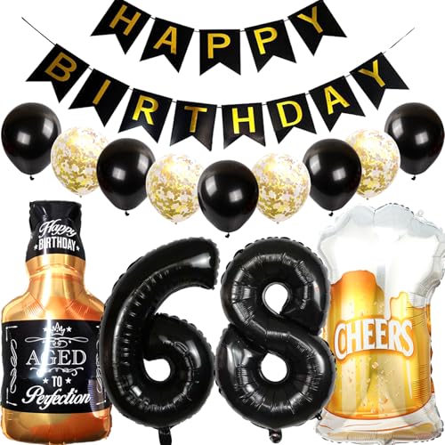 Feelairy Luftballons 68. Geburtstag Deko, Geburtstagsdeko 68 Jahre Mann Frau, Folienballon Whiskey Bierglas Ballon Weinflasche Bier Deko, Happy Birthday Banner für 68 Jahre Geburtstag Party Deko Set von Feelairy