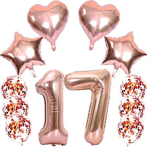 Feelairy Luftballons Zahl 17 Rosegold Folienballon Nummer 17, Helium Ballons Herz Sterne Roségold, Ballons Konfetti Rosegold, Zahlenballon 17 für Geburtstag Mädchen Party Deko von Feelairy