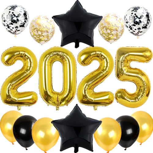 Feelairy Silvester Deko 2025 Schwarz Gold, Luftballons 2025 Neujahr Deko 2025 Gold, Helium Ballon 2025 Schwarz Gold Folienballon Zahl 2025 für Jahreswechsel Neujahr Silvester Party Dekoration von Feelairy