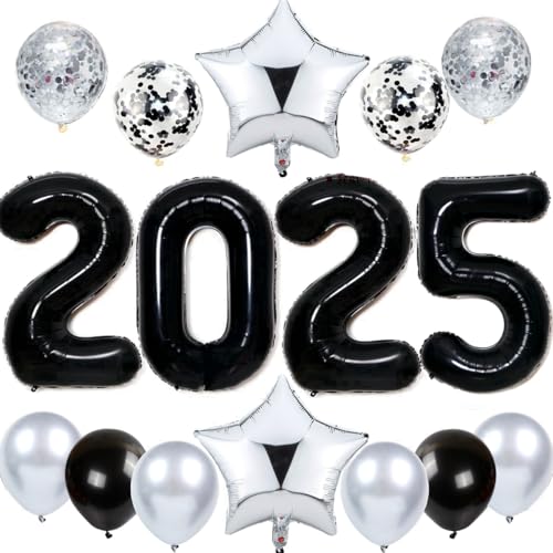 Feelairy Silvester Deko 2025 Schwarz Silber, Luftballons 2025 Neujahr Deko 2025 Schwarz, Helium Ballon 2025 Schwarz Silber Folienballon Zahl 2025 für Jahreswechsel Neujahr Silvester Party Dekoration von Feelairy