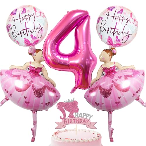 Feelairy Ballerina Deko Geburtstag 4 Jahre Mädchen, Rosa Folienballon 4 Geburtstag Mädchen, Tortendeko Happy Birthday Deko Mädchen 4 jahre Ballons Ballerina für 4. Geburtstag Mädchen Party Deko von Feelairy