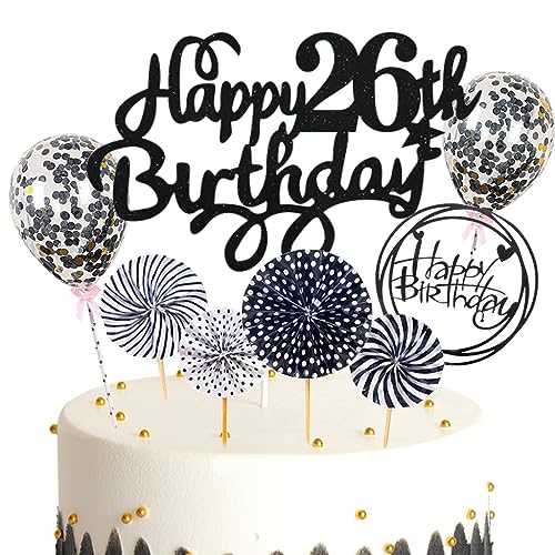 Feelairy Tortendeko Happy Birthday Deko Kuchendeko 26. Geburtstag Mann Frau, Schwarz Kuchen Topper 26. Geburtstag, Cake Topper Happy Birthday Ballon für Geburtstagstorte Deko 26 Jahre Frauen Männer von Feelairy