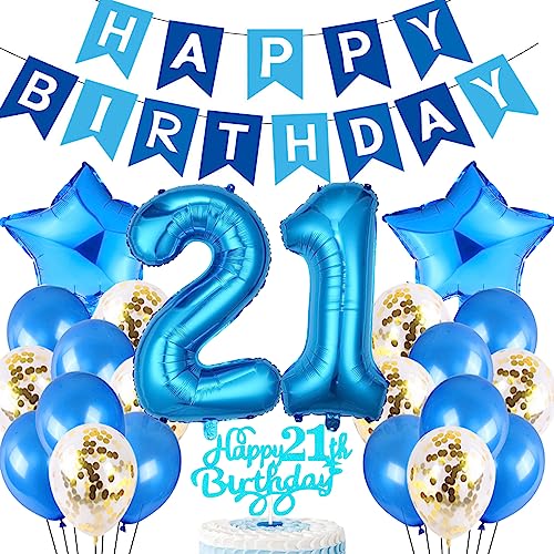 Feelairy Geburtstagsdeko 21 Jahre Junge, Blau Luftballon 21. Geburtstag Deko Junge, Tortendeko Happy 21th Birthday Deko 21 Jahre Junge, Ballon 21. Geburtstag Kinder Party Dekoration Set von Feelairy