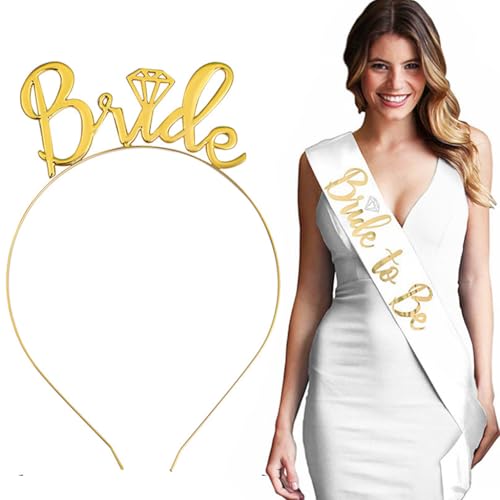 Feelairy brideto Bride to Be Schärpe und Stirnband, Junggesellenabschied Frauen Deko JGA Accessoires Frauen, Schärpe Braut Gold Stirnband Tiaras, Hochzeitsfoto Requisiten, Bachelorette Party Zubehör von Feelairy