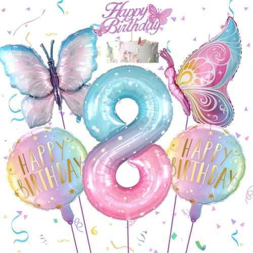Feelairy Schmetterling Deko Geburtstag 8 Jahre Mädchen, Bunt Schmetterling 8, Luftballon 8 Jahre Geburtstagsdeko Mädchen Schmetterling Ballons Happy Birthday Deko für 8. Geburtstag Mädchen Deko von Feelairy
