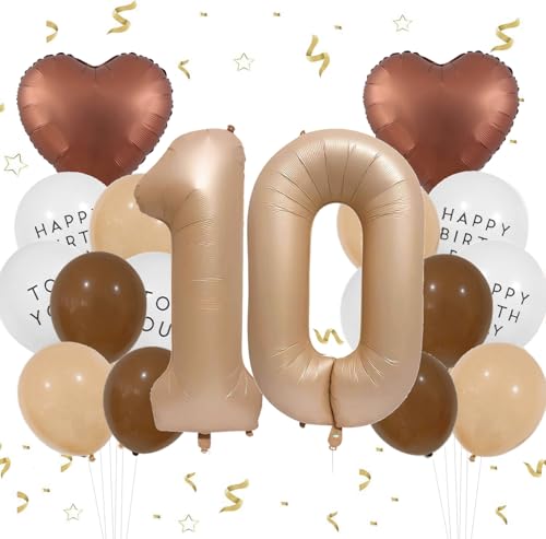 Feelairy Luftballon 10. Geburtstag Mädchen Deko, Zahl 10 Braun Ballons 10 Creme, Ballons Beige Aprikose Kaffee Braun Herz Luftballons Happy Birthday für Geburtstagsdeko 10 Jahre Mädchen Party Deko von Feelairy