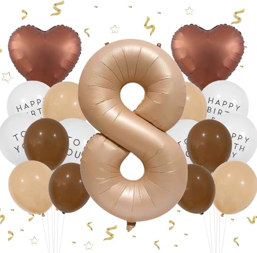 Feelairy Luftballon 8. Geburtstag Mädchen Deko, Ballons 8 Braun Luftballon Zahl 8 Creme, Ballons Beige Aprikose Braun Herz Luftballons Happy Birthday für Geburtstagsdeko 8 jahre Mädchen Party Deko von Feelairy