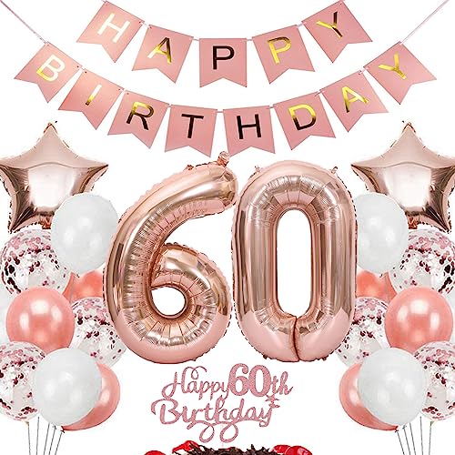 Feelairy Geburtstagsdeko 60 Jahre Frauen, Rosegold Luftballon 60. Geburtstag Deko Frau, Tortendeko Happy 60th Birthday Deko 60 Jahre Frauen, Ballon 60. Geburtstag Frau Party Dekoration Set von Feelairy