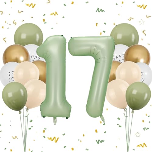 Luftballon 17. Geburtstag Mädchen, Salbeigrün Zahl 17 Luftballon Happy Birthday Deko 17 Jahre Junge, Latexballons Olive Grün Gold Ballons 17 Grün, Olivgrün Geburtstagsdeko 17 Jahre Jungen Mädchen von Feelairy