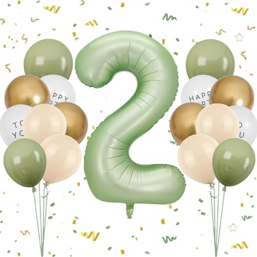 Luftballon 2. Geburtstag Mädchen, Salbeigrün Zahl 2 Luftballon Happy Birthday Deko 2 Jahre Junge, Latexballons Olive Grün Gold Ballons 2 Grün, Olivgrün Geburtstagsdeko 2 Jahre Jungen Mädchen von Feelairy