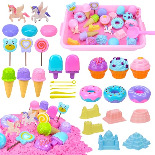 Feelhap Magic Sand Sandbox Set, Einhorn Geschenke für Mädchen Spielsand Koffer mit 1kg Kinetischer Sand und 28pcs Zubehör, Eiscreme Sandspielzeug Strandwerkzeuge Sensorisch Sandspielzeug Zaubersand von Feelhap