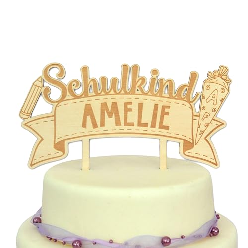 FEENSTAUB Cake Topper Schulkind, personalisierte Tortendeko Einschulung, Kuchendeko Einschulung graviert mit Namen, Deko Schulkind Cake Topper Schulanfang, Einschulungsfeier, Holzstecker Schulkind von Feenstaub