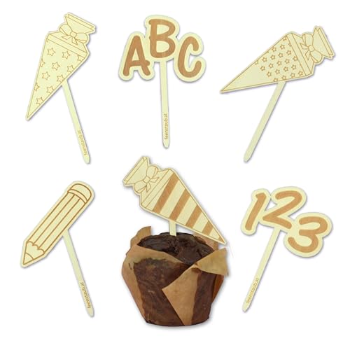 FEENSTAUB Muffin Topper, Tortendeko Einschulung, Kuchendeko Einschulung, 6er Set Muffin Stecker Schulanfang, Deko Einschulungsfeier, Schulkind Tortendeko, Kuchendeko Schulanfang Tortendeko Schule von Feenstaub