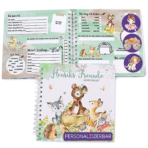 Feenstaub Freundebuch Grundschule, Erinnerungsbuch personalisiert mit Namen, Schulfreundebuch, Freundschaftsbuch Schule Waldtiere, Freundealbum für Schulkinder, Geschenk Einschulung von Feenstaub