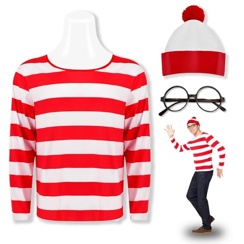 Feeziloe Herren Where's Wally Kostüm Set, Rot-Weißes Oberteil, Zylinderhut, Brille, Socken, Kostüm-Set, Perfekt für Where's Wally-Kostüm, Verschiedene Anlässe, XL von Feeziloe