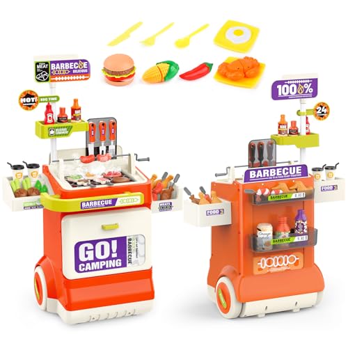 Kinder BBQ Grill Spielzeug, Küche Spielzeug Set, Realistische Rauch BBQ Grill Spielset mit Spielzeug Küche Zubehör, Schneidespielzeug,Soundeffekte Kinder Küchenset Geschenke Für Kinder (Orange) von Fegalop