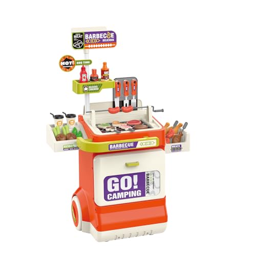 Kinder BBQ Grill Spielzeug, Küche Spielzeug Set, Realistische Rauch BBQ Grill Spielset mit Spielzeug Küche Zubehör, Schneidespielzeug,Soundeffekte Kinder Küchenset Geschenke Für Kinder (Orange) von Fegalop