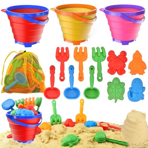 Fegalop 13 Stück Sandspielzeug Set, Reise Sandspielzeug mit 3PCS Faltbarer Eimer Kinder, Sandkasten Strand Spielzeug Sandförmchen, Outdoor Spielzeug für Kinder Jungen Mädchen von Fegalop